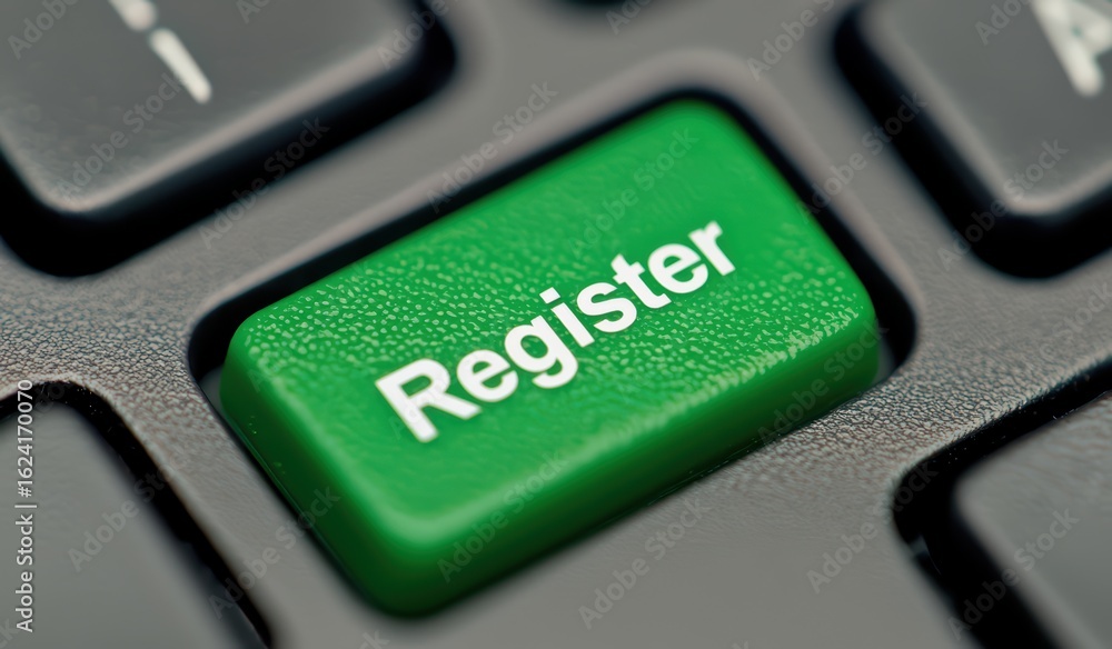 Poster bright green register key on a computer keyboard for online actions