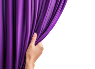 Female hand pulling back a purple curtain, isolated on a transparent background