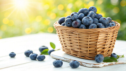 Blueberries in basket on tiled surface in natural warm sunlight background 