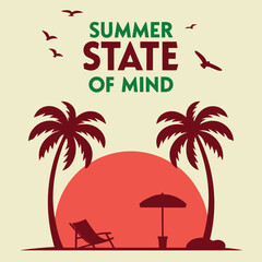 Fototapeta premium Birds fly above the sunset behind palm trees, beach chair, and umbrella silhouette