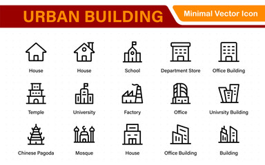 Urban Building icon set. Containing house, office, bank, school, hotel, shop, university and hospital icons. Solid icon collection.
