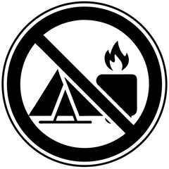 No camping or fire symbol on black and white sign  