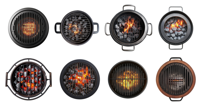 Eight different barbecue grills with glowing hot coals and flames ready for cooking, isolated on transparent background - Powered by Adobe