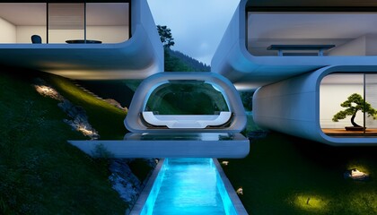 Futuristic architectural dwelling with organic curved forms and integrated swimming pool illuminated by vibrant blue light at twilight