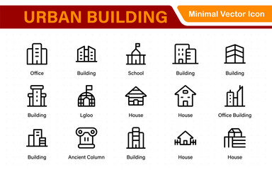 Urban Building icon set. Containing house, office, bank, school, hotel, shop, university and hospital icons. Solid icon collection.