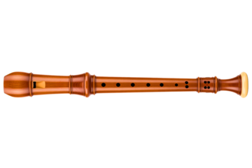 Traditional wooden recorder flute instrument isolated on a transparent background