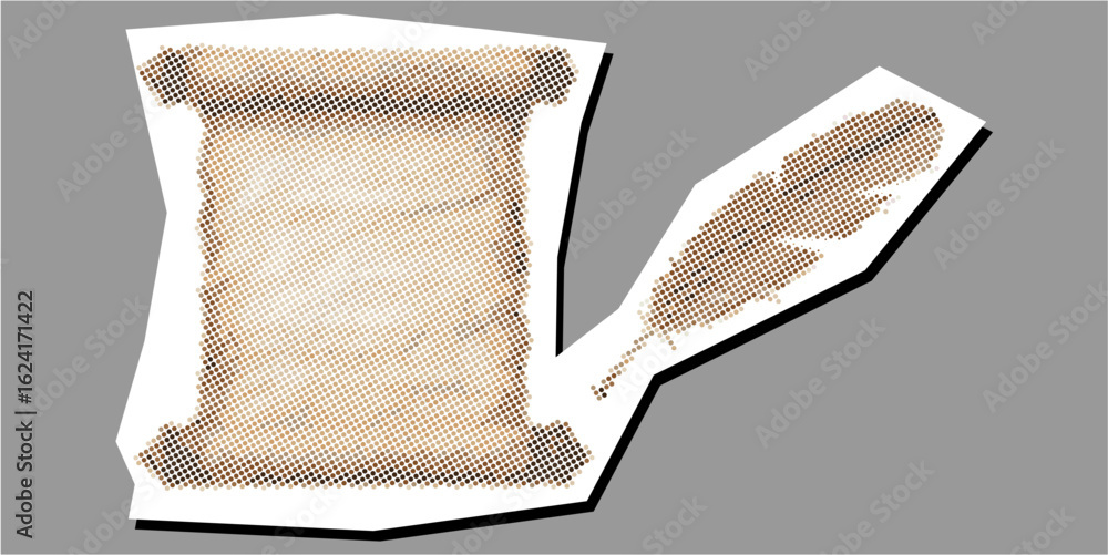 Poster halftone stipple scroll and quill pen dotted collage element pointillize in paper torn vector. repre