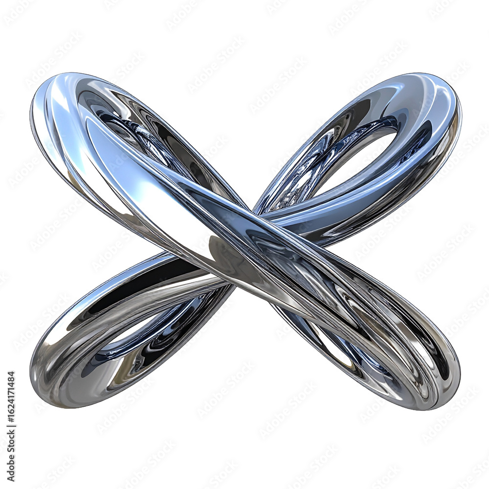 Poster abstract metallic looped chrome form isolated on transparent background reflecting light and curves