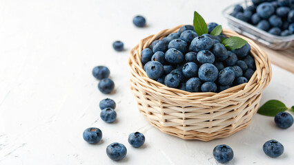 Blueberry in basket on white surface in white background