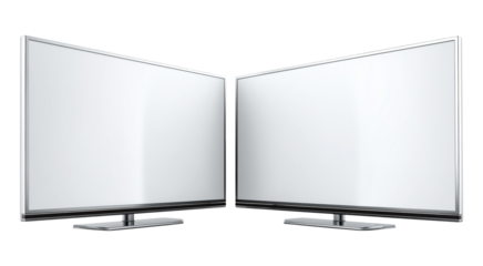 Pair of modern televisions with silver frames and blank white screens, isolated on transparent background