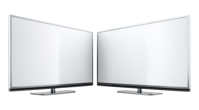 Pair of modern televisions with silver frames and blank white screens, isolated on transparent background