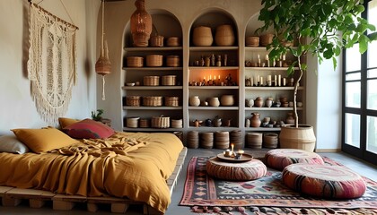 Cozy bohemian bedroom with a large bed macrame wall hanging and shelves filled with pottery and baskets creating a warm and inviting atmosphere with natural light