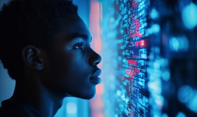 Side profile of a Black IT school student working at a computer learning digital code online software AI cybersecurity threats. Artificial intelligence cyberspace coding education, Generative AI