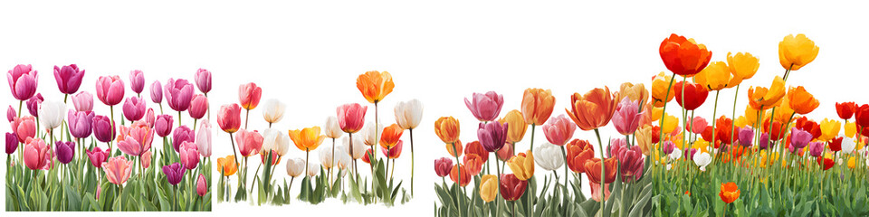 Fototapeta premium Tulip Flower Border Assortment: Colorful Springtime Floral Design Element on White