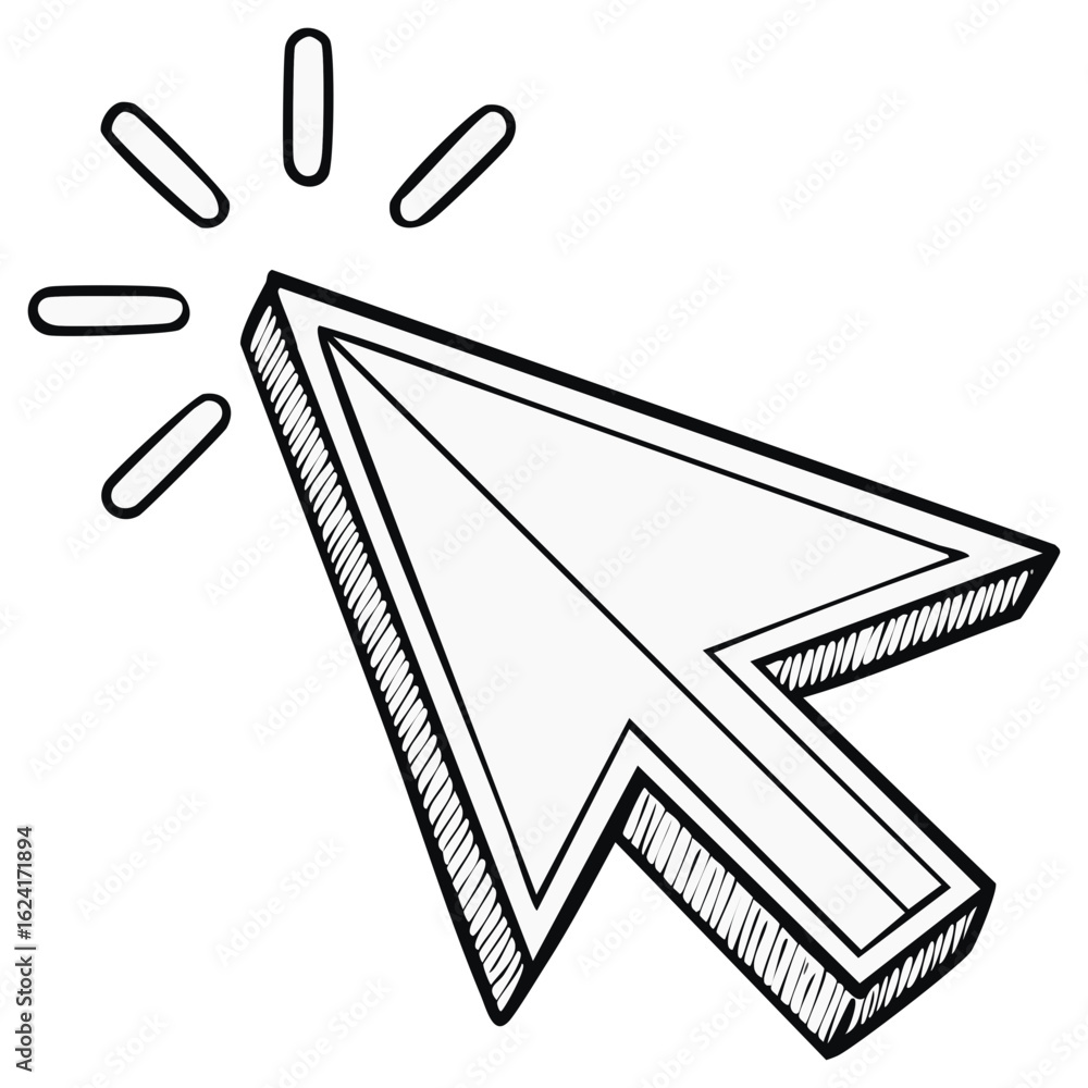 Poster hand-drawn arrow cursor illustration in black and white, showing click with light beam effect.