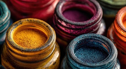 Close-up of various colorful pigments in small glass jars