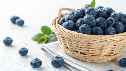 Blueberries in basket with water drop on white surface in white background 
