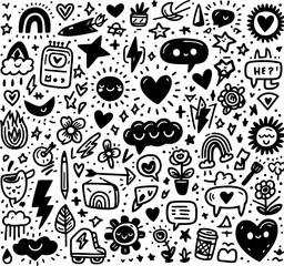 "Playful vector collection of marker scribbles, hand-drawn letters, cartoon symbols, and expressive doodles &ndash; suitable for kid-friendly and creative design"

