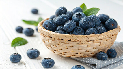 Blueberry in basket with water drop on white surface in white background 