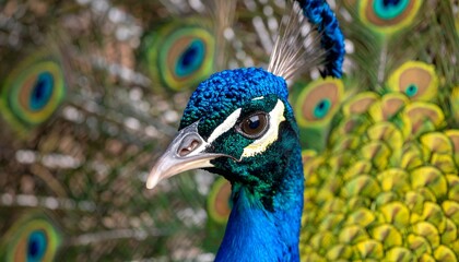 Stunning closeup of a vibrant peacock displaying its ornate feathers.
