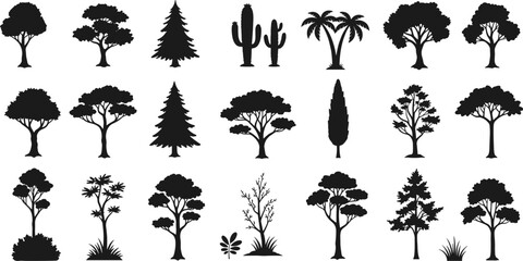 Silhouettes of diverse trees and plants, ideal for nature design, botanical illustrations, forest concepts, graphic projects, foliage themes
