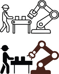 Industrial Icons. Black and White Vector Illustration. Man and Robot Working on Production. Engineering Concept