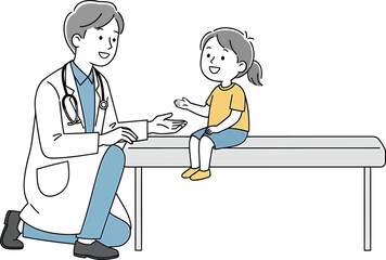 Illustration of a friendly male pediatrician talking to a happy child patient.