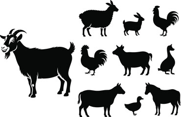 Comprehensive silhouette collection of diverse farm animals including goat, sheep, rooster, rabbit, goose, cow, horse, and duck, ideal for agriculture and rural themes.