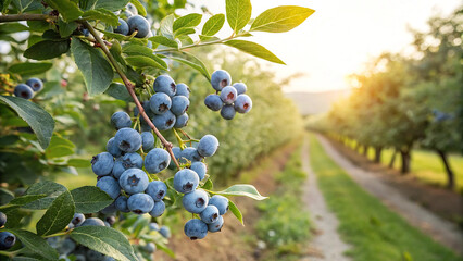 Blueberry on tree in garden in natural warm sunlight background