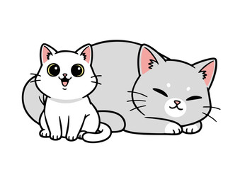 Cartoon Cats: White Kitten Smiling Beside Sleeping Gray Cat Illustration.