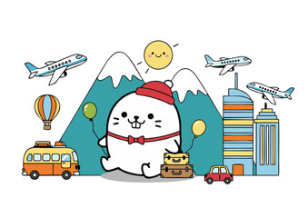 Naklejka premium Adorable Cartoon Seal with Red Hat Bowtie Balloons and Luggage.
