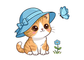 Fototapeta premium Cute Orange Tabby Cat Wearing a Blue Hat with a Bow.
