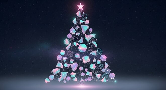Digital Christmas tree constructed from glowing interconnected lines and dots on a dark blue abstract background, festive holiday season