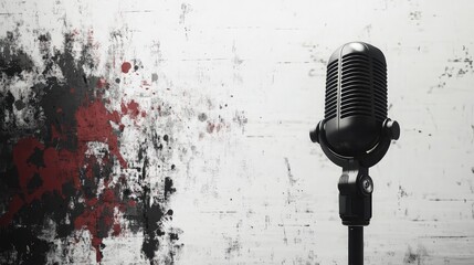 Fototapeta premium Black microphone stands against a white wall adorned with dark and red paint splatters artistic scene
