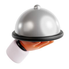 PNG 3D Hand Holding Cloche Food Tray for Fine Dining Service Illustration Isolated on a White Background