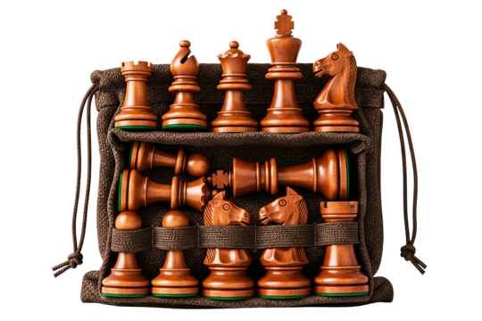 Wooden travel chess set in a compact brown fabric pouch isolated on a transparent background