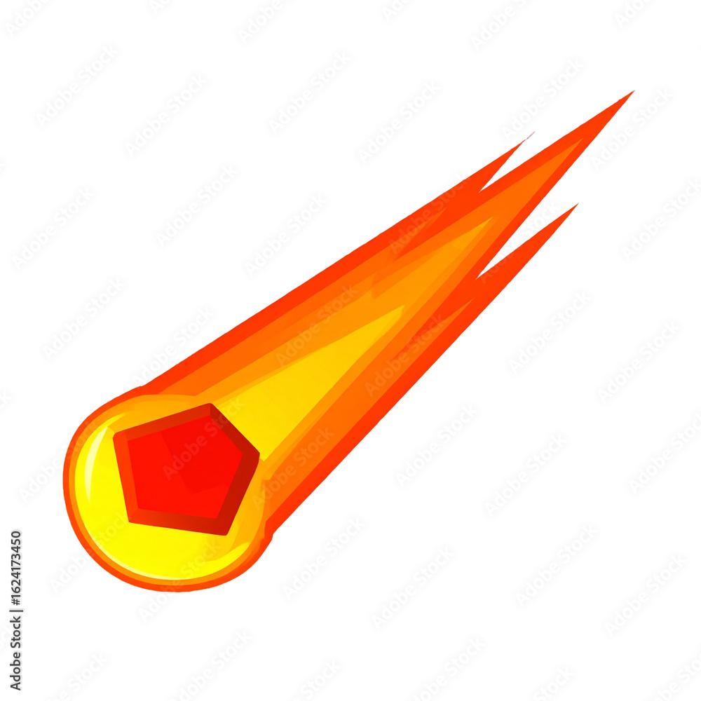 Poster fiery comet with red geometric core streaking across transparent background