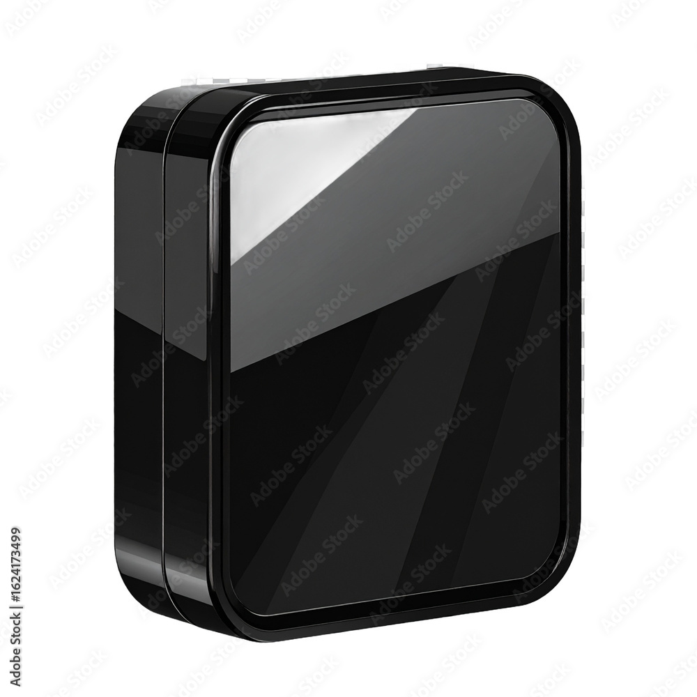 Poster glossy black rectangular device with reflective surface on transparent background