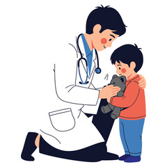 Pediatric care concept with a friendly doctor comforting a young boy patient.
