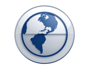 Glossy Blue World Globe Icon On White And Silver Sphere With Transparent Background