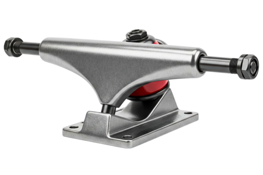 Metal skateboard truck with red bushing and black hardware isolated on a transparent background