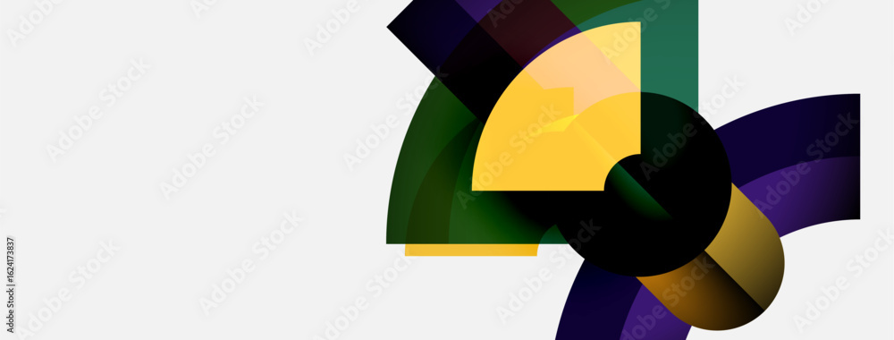 Poster abstract colorful shapes overlap, creating dynamic composition. yellow highlights contrast dark tone