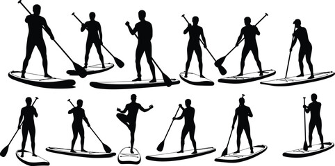Obraz premium Paddleboarding silhouettes, stand-up paddlers in motion, fitness water sport illustration, outdoor activity vector, black and white poses artwork