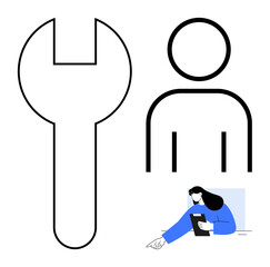 Fototapeta premium Wrench and person outline alongside a woman holding a clipboard, symbolizing tools, support, collaboration, problem-solving, work management, technical help, and user guidance. Ideal for work tools