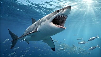 Great White Shark Underwater with Open Jaws Surrounded by Fish in Ocean Depths

