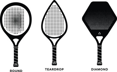 Comparison of round, teardrop, diamond shaped padel rackets for optimal control, grip, comfort, performance, padel tennis equipment selection.