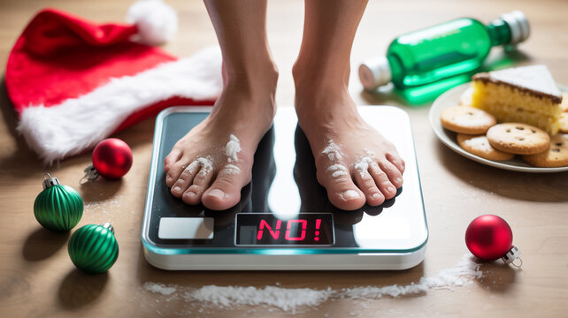 A top-down view of a digital bathroom scale displaying the text NO! in red LED digits