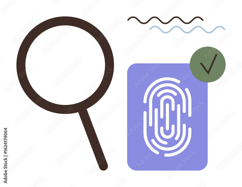 Poster magnifying glass beside fingerprint with checkmark and abstract lines conveys identity, security, au