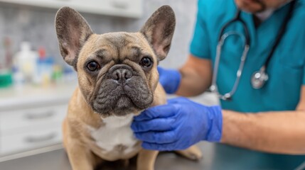 Veterinarian examining a French Bulldog in a clinic setting.