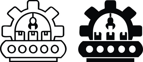 Manufacturing Icons. Black and White Vector Illustrations. Production and Creation of Products. Gear and Robotics. Concept Engineering
